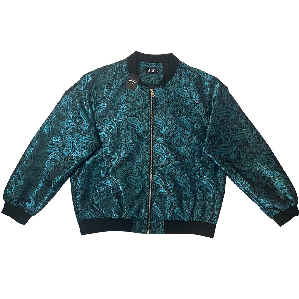 NEW Hi-Tie Teal Paisley Jacket Teal Black Jacquard Zip Up Mens XL